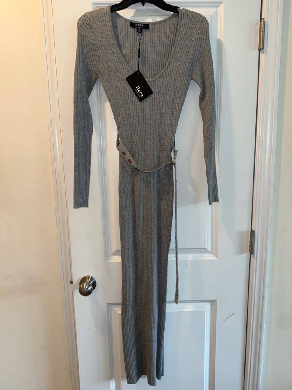 Hera Gray Ribbed V‑Neck Maxi Dress with Waist Tie